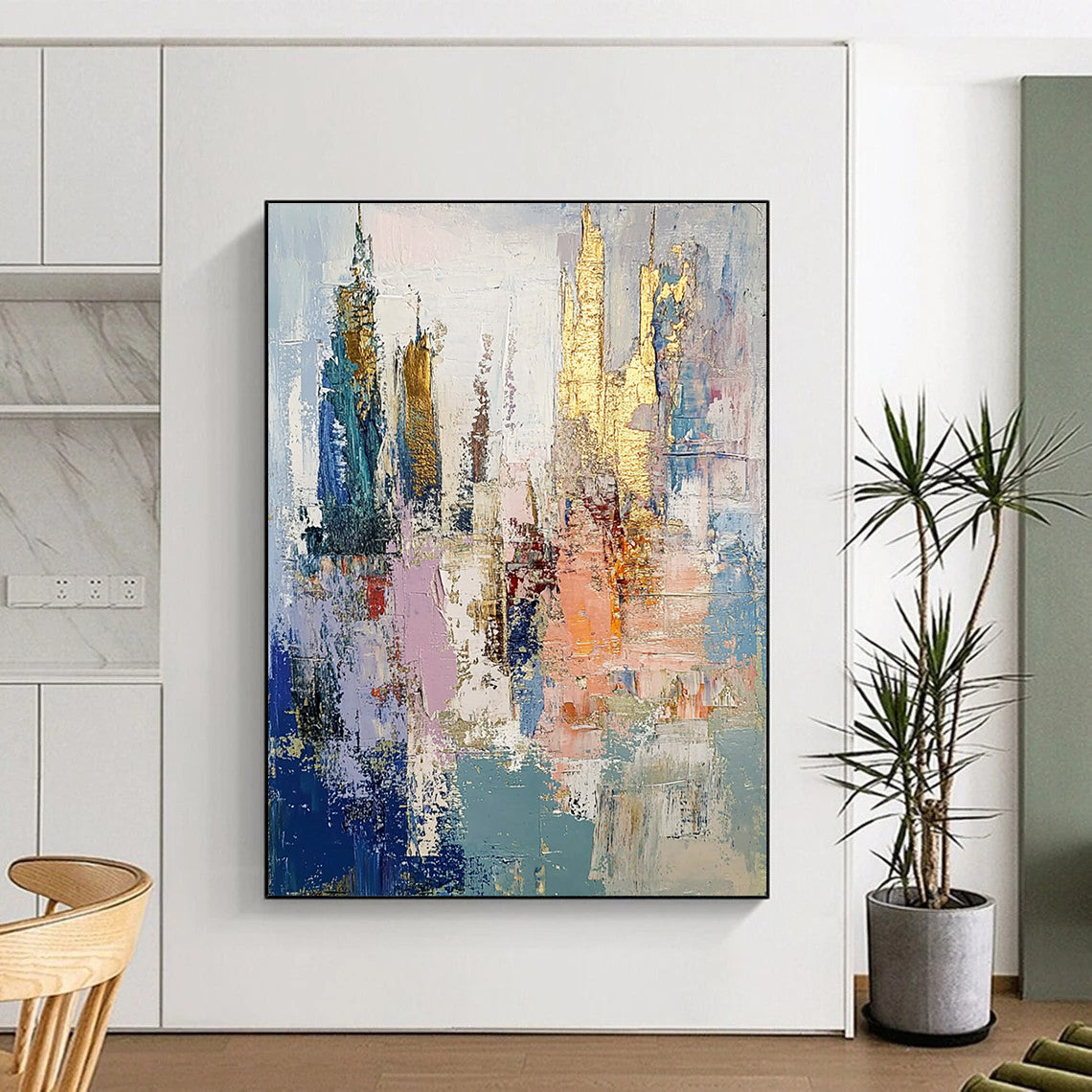 Contemporary abstract oil painting depicts an underwater city in muted pastels with gold leaf accents and thick brush strokes creating textured layers. DLZ0890
