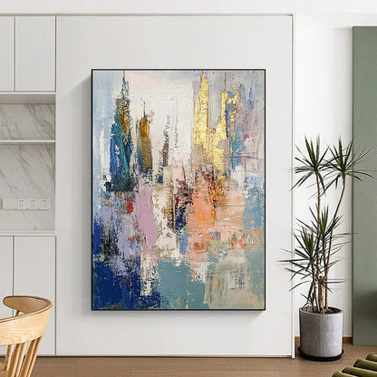 Contemporary abstract oil painting depicts an underwater city in muted pastels with gold leaf accents and thick brush strokes creating textured layers. DLZ0890