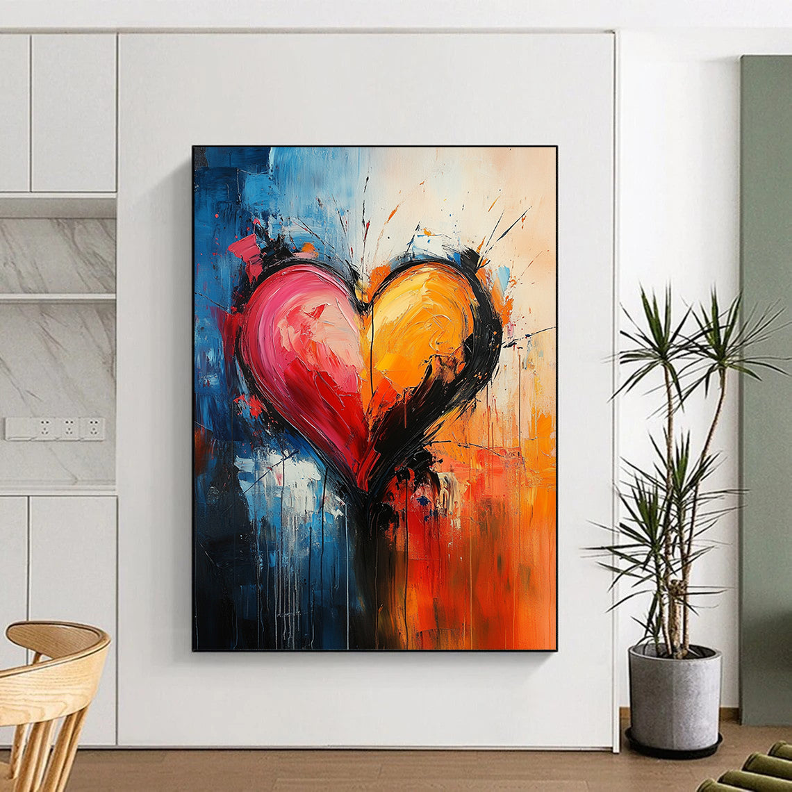 Contemporary abstract art features a heart shape in vibrant swirling colors embodying passion with expressive brushwork and dynamic composition on canvas. DLZ1272