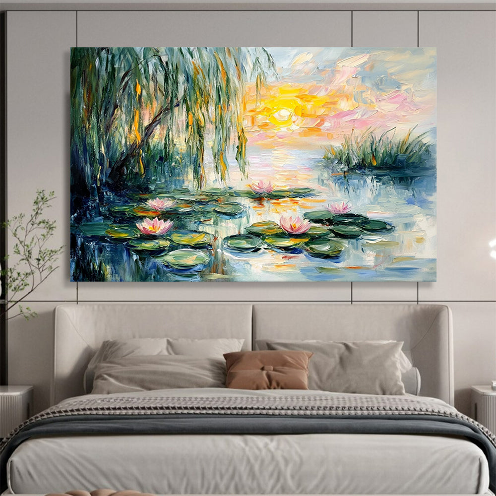 “Sunset Water Lilies” - Pink, Yellow, Green, Water Lilies, Sunset - Impressionist Oil Painting HB1680