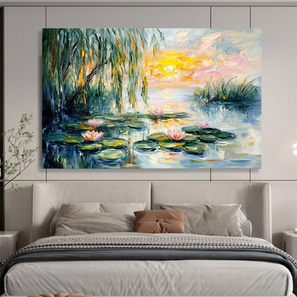 “Sunset Water Lilies” - Pink, Yellow, Green, Water Lilies, Sunset - Impressionist Oil Painting HB1680