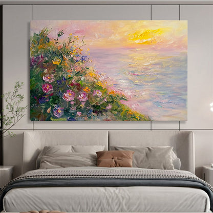 “Seaside Floral Sunset” - Pink, Yellow, Floral & Sea Oil Painting On Canvas HB0716