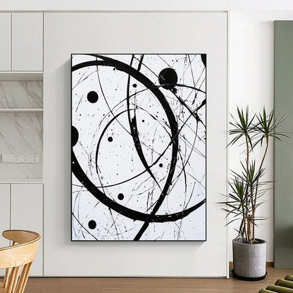 Black, White, Intertwined Circles "Monochrome Orbits" Abstract Modernist Painting On Canvas HB102