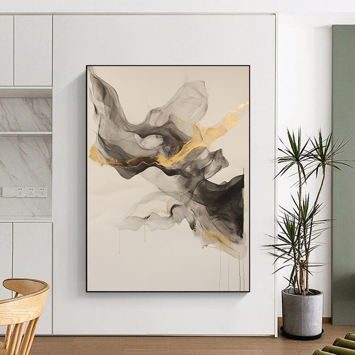 Beige, Gray, Gold, Flowing Shapes "Graceful Drift" Abstract Painting On Canvas HB026