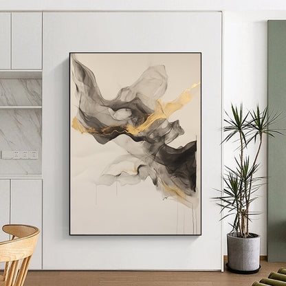 Beige, Gray, Gold, Flowing Shapes "Graceful Drift" Abstract Painting On Canvas HB026
