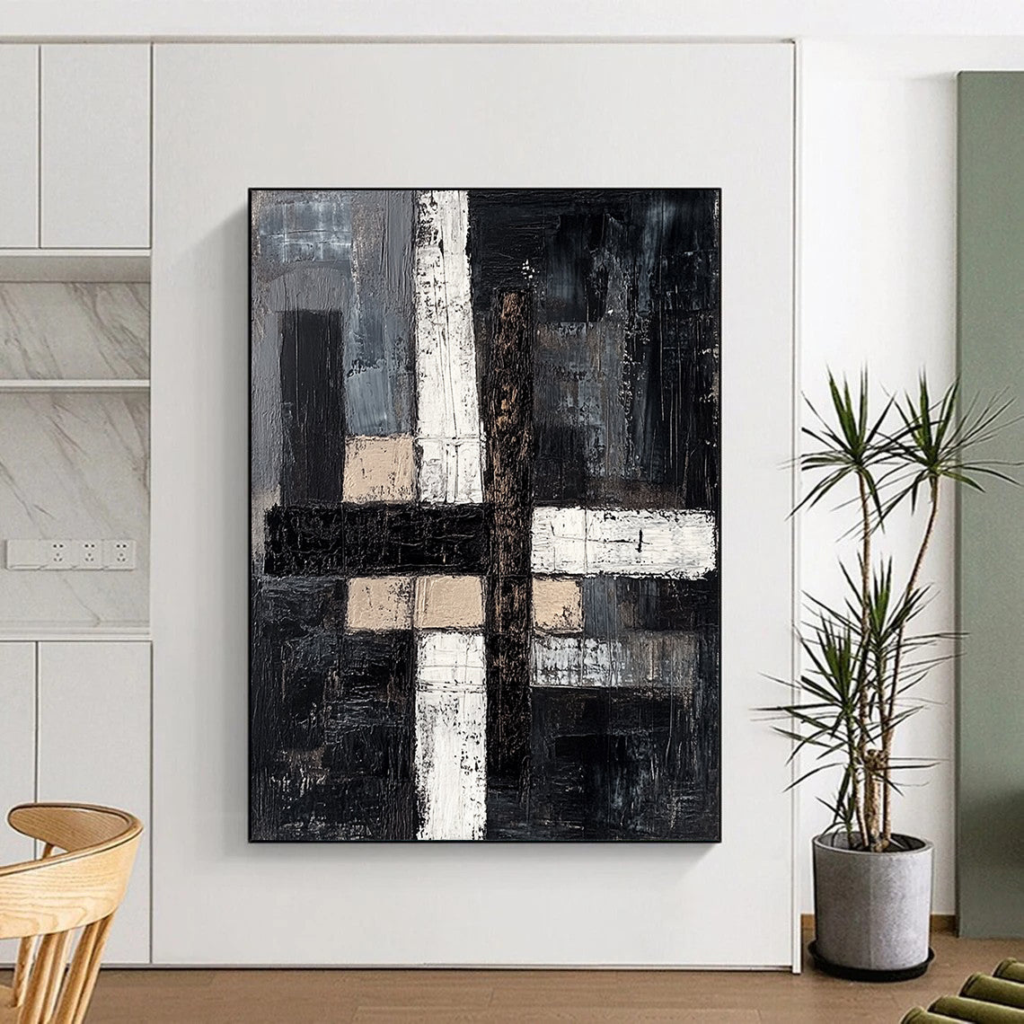 Black, Gray, Beige, White with Textured Blocks "Subtle Stories" Abstract Painting On Canvas HB007