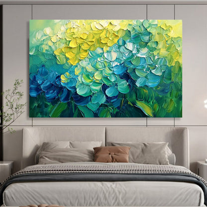 “Vibrant Hydrangeas Burst” - Yellow, Teal, Blue, Lush Flower Blooms Painting On Canvas HB1016
