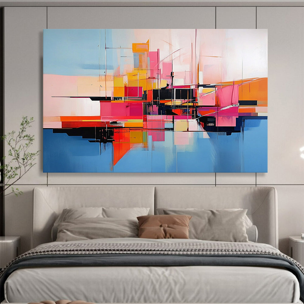 “Abstract Colorful City Geometry” - Colorful, Geometric Urban Shapes, Reflection Painting On Canvas HB0850