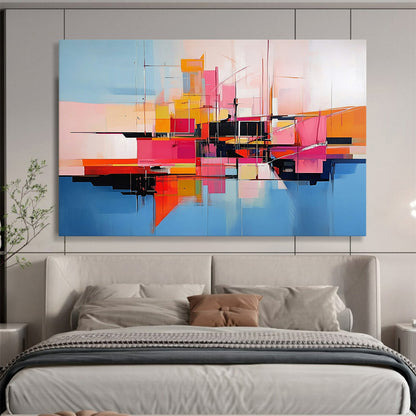 “Abstract Colorful City Geometry” - Colorful, Geometric Urban Shapes, Reflection Painting On Canvas HB0850