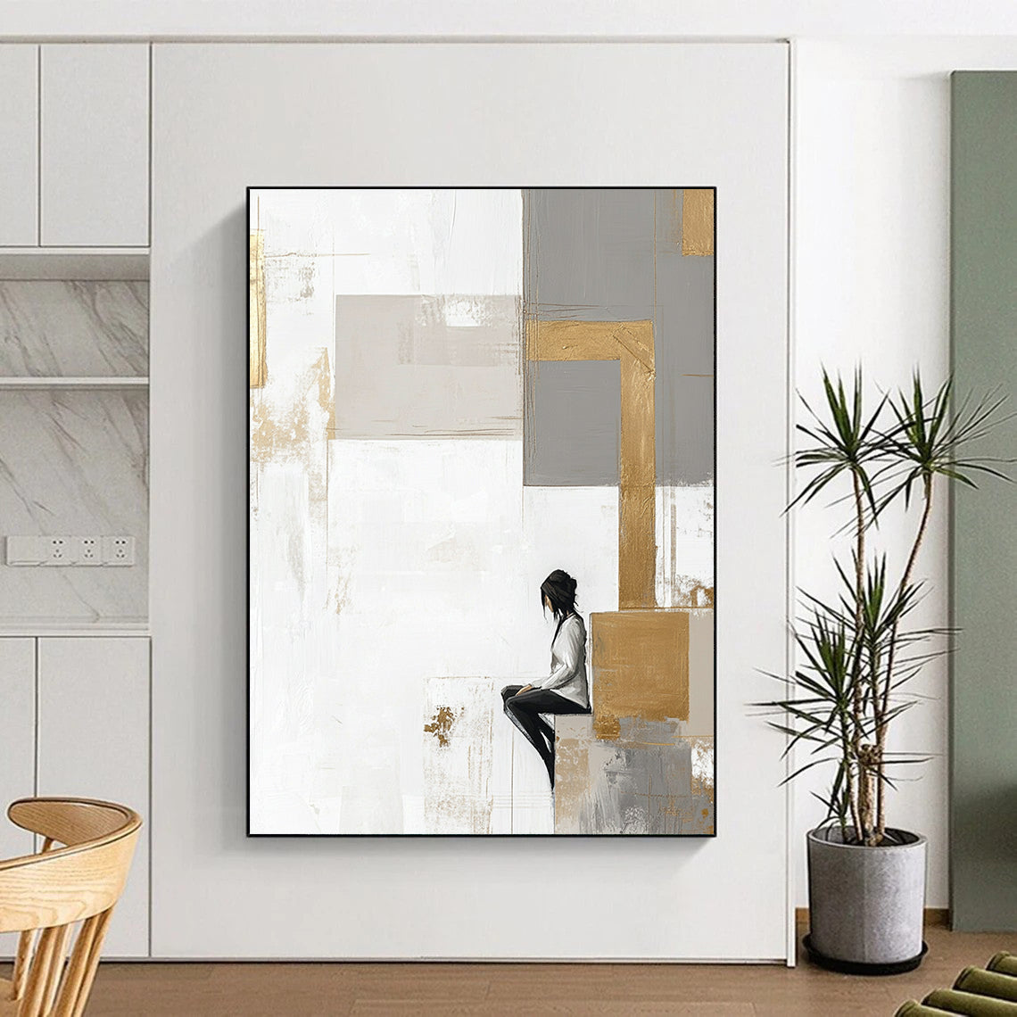 Contemporary abstract artwork features large neutral squares with gold accents on a white backdrop complemented by pale gray and beige elements. DLZ0626