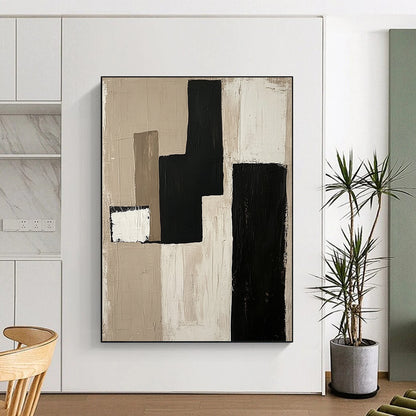 Contemporary hand-painted abstract artwork features minimalist composition with a monochromatic palette of beige black and white on unprimed canvas. DLZ0933