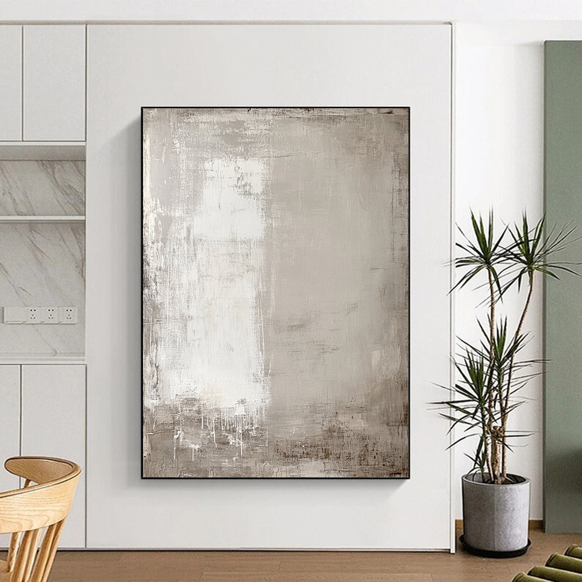 Contemporary hand-painted abstract art featuring soft neutral tones and aged textures with subtle outlines of buildings and trees for depth. DLZ1278