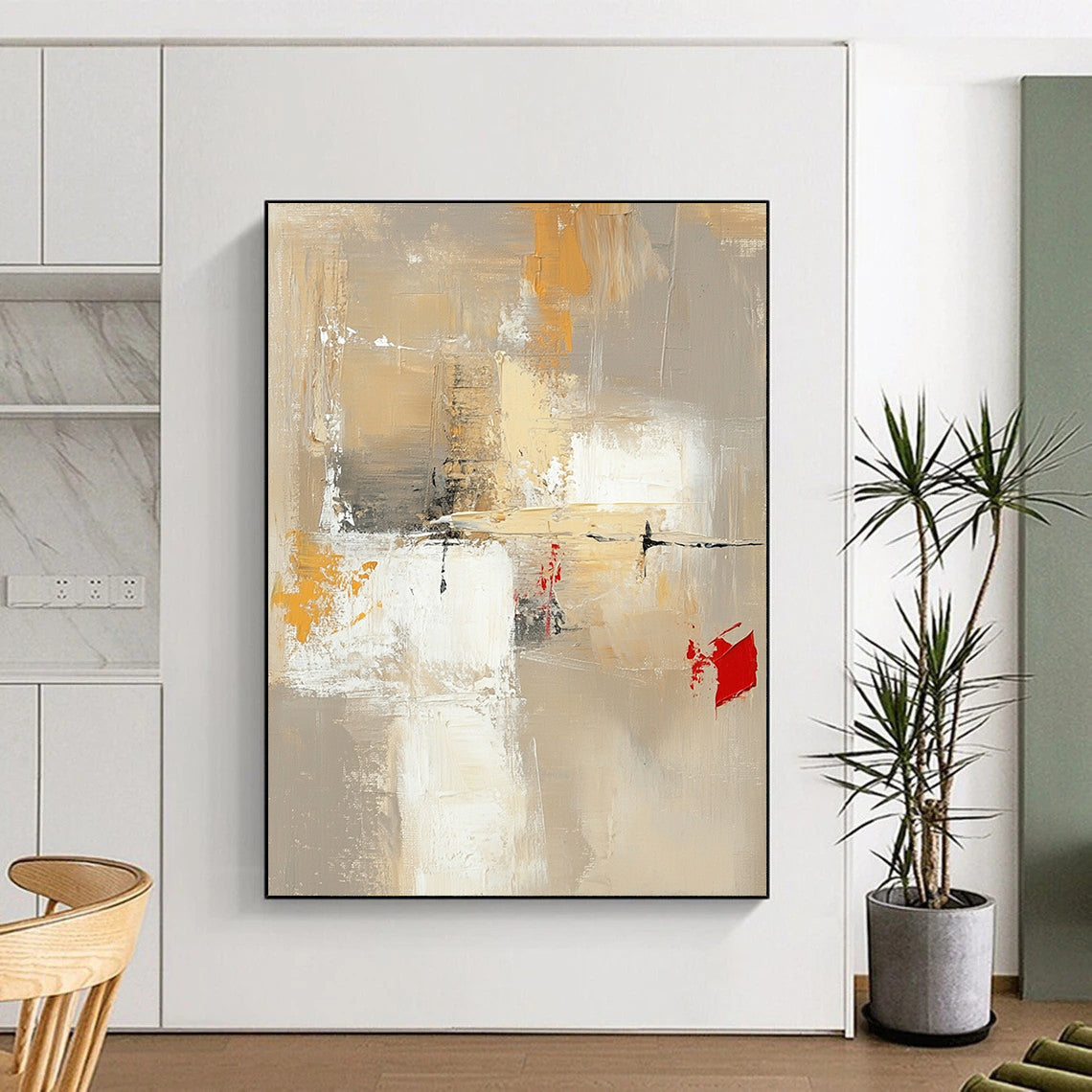 Contemporary hand-painted abstract artwork featuring neutral tones with red and yellow accents large white spaces and dynamic brush strokes and textures. DLZ0922