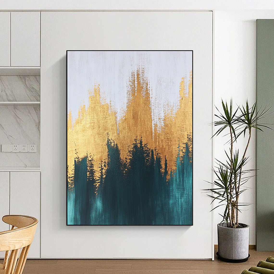 Contemporary abstract painting with textured brush strokes featuring gold and teal hues creating a serene and balanced composition on a large canvas. DLZ0388