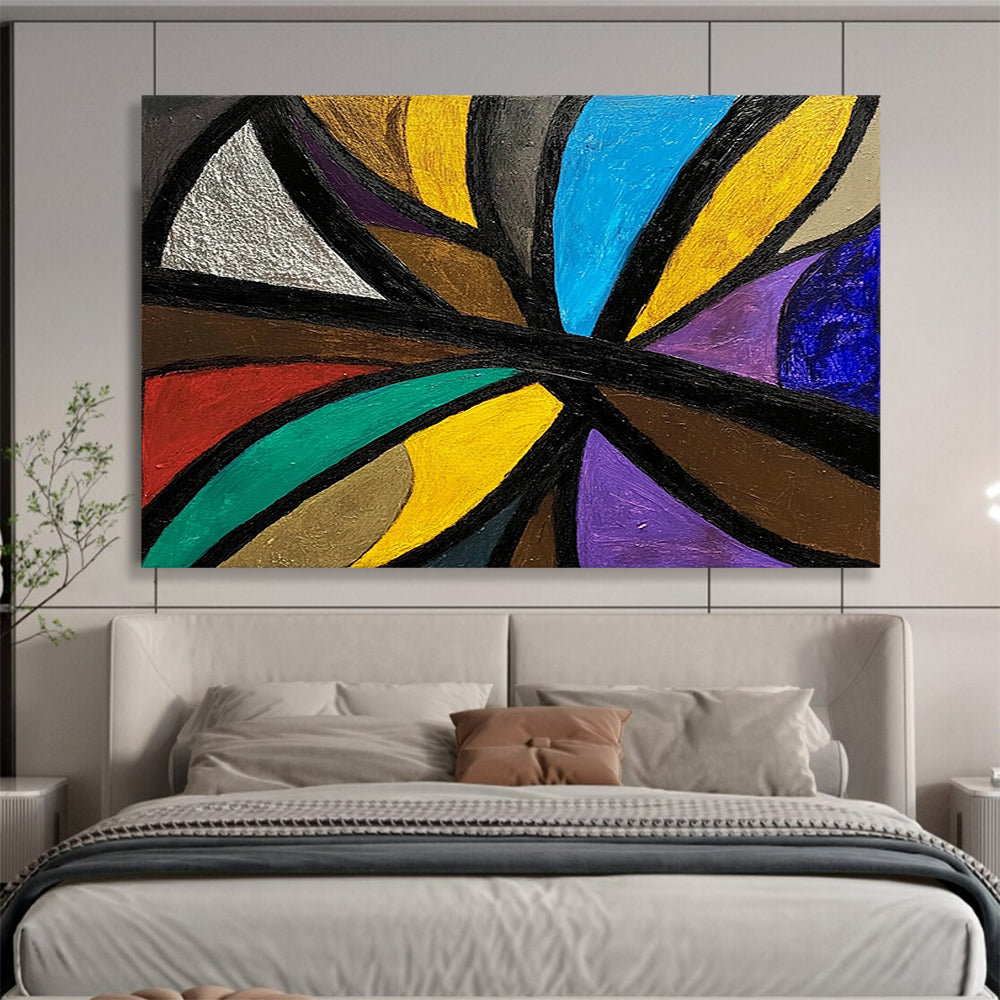 Colorful Geometric Abstract with Black Lines - Cubist - Inspired Painting On Canvas HB0495