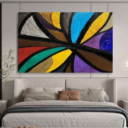 Colorful Geometric Abstract with Black Lines - Cubist - Inspired Painting On Canvas HB0495