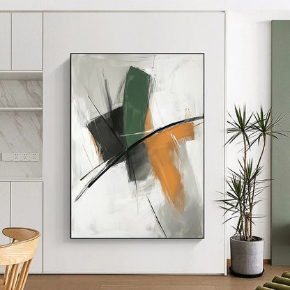 Large contemporary hand-painted abstract art with a white background and serene shapes featuring green lines, orange tones, black accents, and calming colors. DLZ0928
