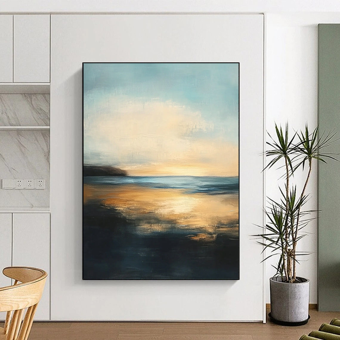 Contemporary abstract painting features a serene sea with golden sunset reflections and a tranquil sky, evoking peacefulness and contemplation in soft brushstrokes. DLZ0412