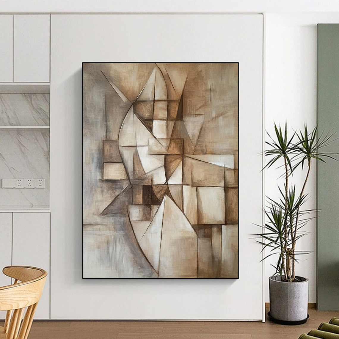Contemporary hand-painted abstract artwork featuring geometric designs in neutral tones capturing harmony between simplicity and complexity with a focus on depth and perspective. DLZ1093