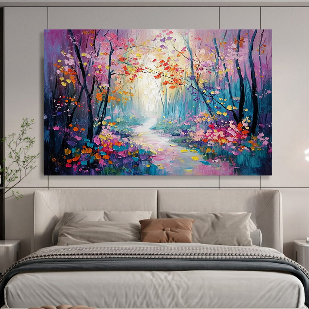 “Colorful Enchanted Forest Path” - Purple, Pink, Yellow, Blue, Flower - Lined Path - Whimsical Oil Painting HB1700