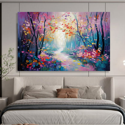 “Colorful Enchanted Forest Path” - Purple, Pink, Yellow, Blue, Flower - Lined Path - Whimsical Oil Painting HB1700