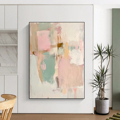 Contemporary hand-painted abstract artwork featuring soft pinks greens and whites highlighting textured beige paper with faded pastel shapes and forms. DLZ1062