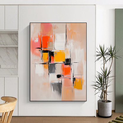 Contemporary hand-painted abstract artwork features harmonious beige and orange hues with dynamic brushstrokes and layered geometric shapes for emotional depth. DLZ0939