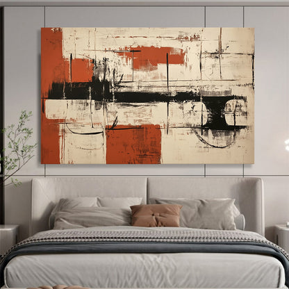 “Red Black White Abstract” - Red, Black, White, Textured Forms, Grid Elements - Painting On Canvas HB1439