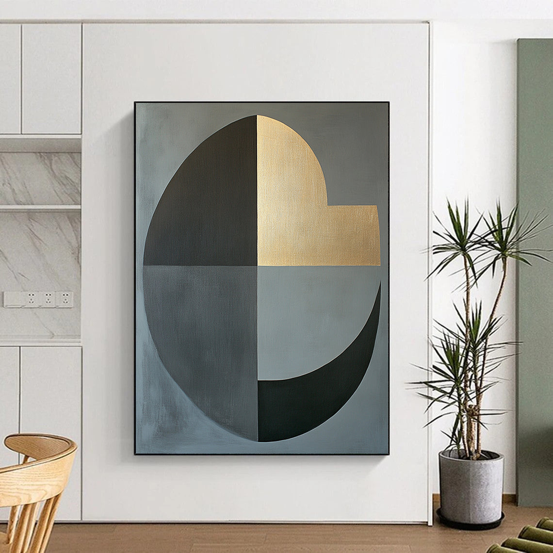 Gray, Green, Brown, Gold and White Geometric Abstraction "Vibrant Geometry" Painting On Canvas HB386