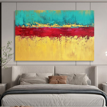 “Teal, Red, and Gold Abstract Horizon” - Teal, red, gold, yellow; Abstract color - block horizon; Acrylic Painting On Canvas HB1221