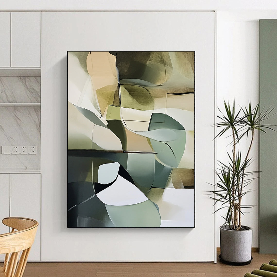 Contemporary abstract artwork featuring muted green tones and light colors against a dark gray background, inspired by Frey and Marie-Suze van der Hout. DLZ0490