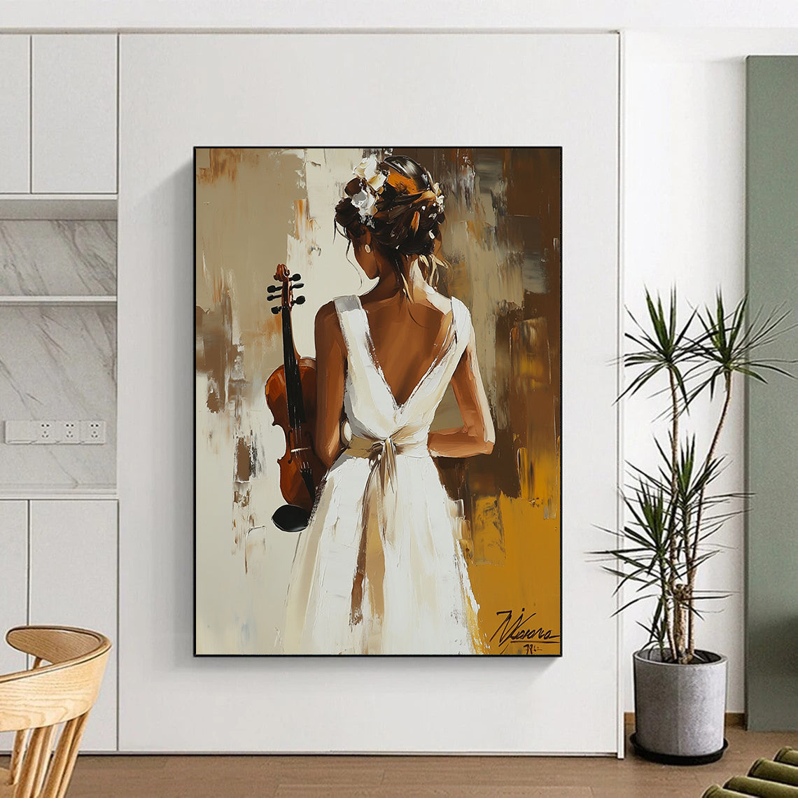 Contemporary abstract painting featuring a woman in a white dress holding a violin, inspired by the elegance of Peter Wileman. DLZ1129