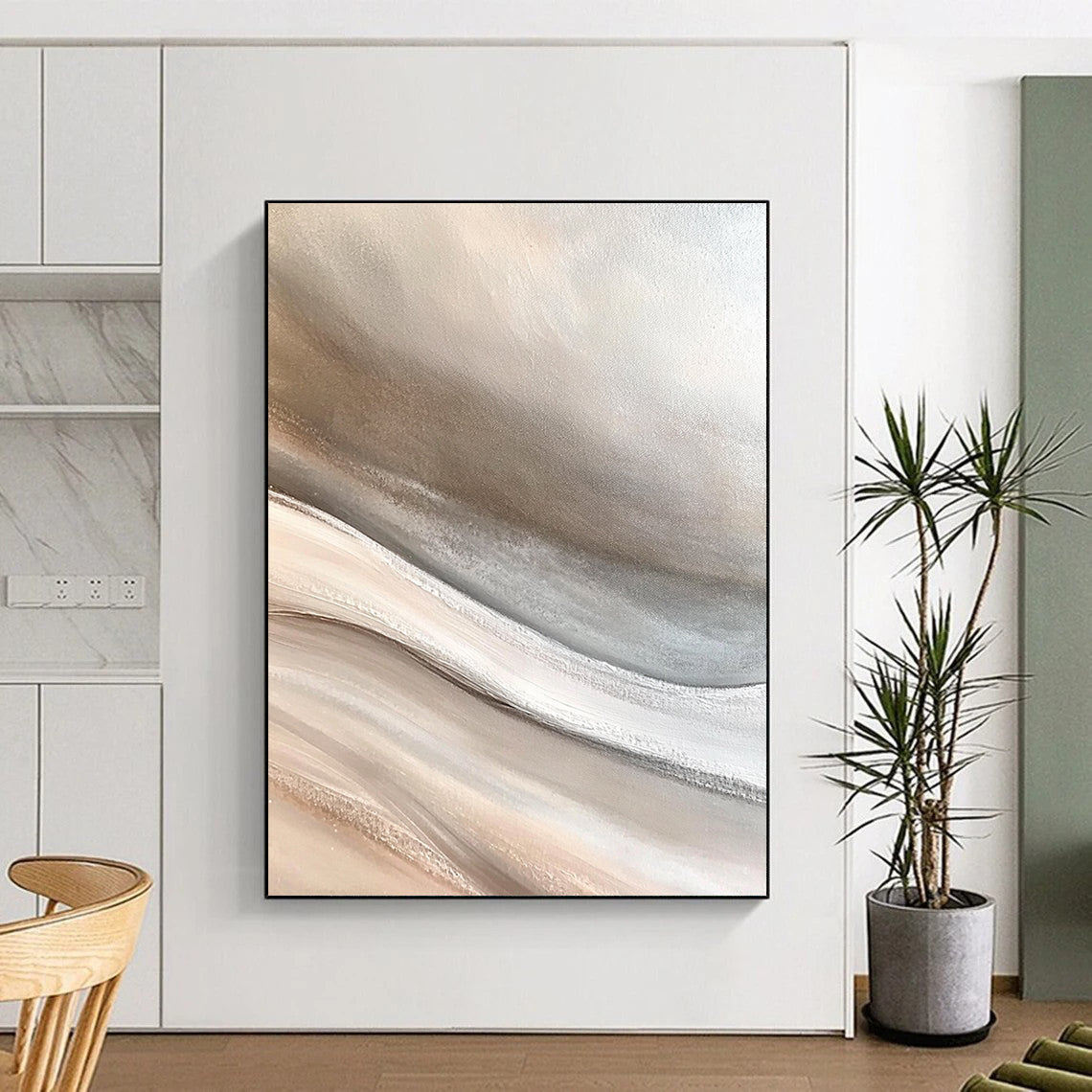 Contemporary large hand-painted abstract art capturing the desert with soft sand dunes in neutral gray beige and white tones for a calming zen atmosphere DLZ0650