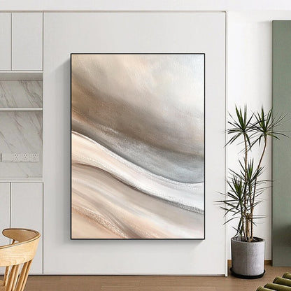 Contemporary large hand-painted abstract art capturing the desert with soft sand dunes in neutral gray beige and white tones for a calming zen atmosphere DLZ0650