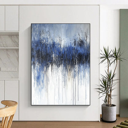 Contemporary abstract painting featuring thick brushstrokes and a cold palette of dark gray and navy blue, evoking feelings of sadness and solitude. DLZ0666