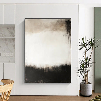 Contemporary abstract painting featuring a large central white space surrounded by dark gray and black tones creating a calm and mysterious atmosphere. DLZ0548