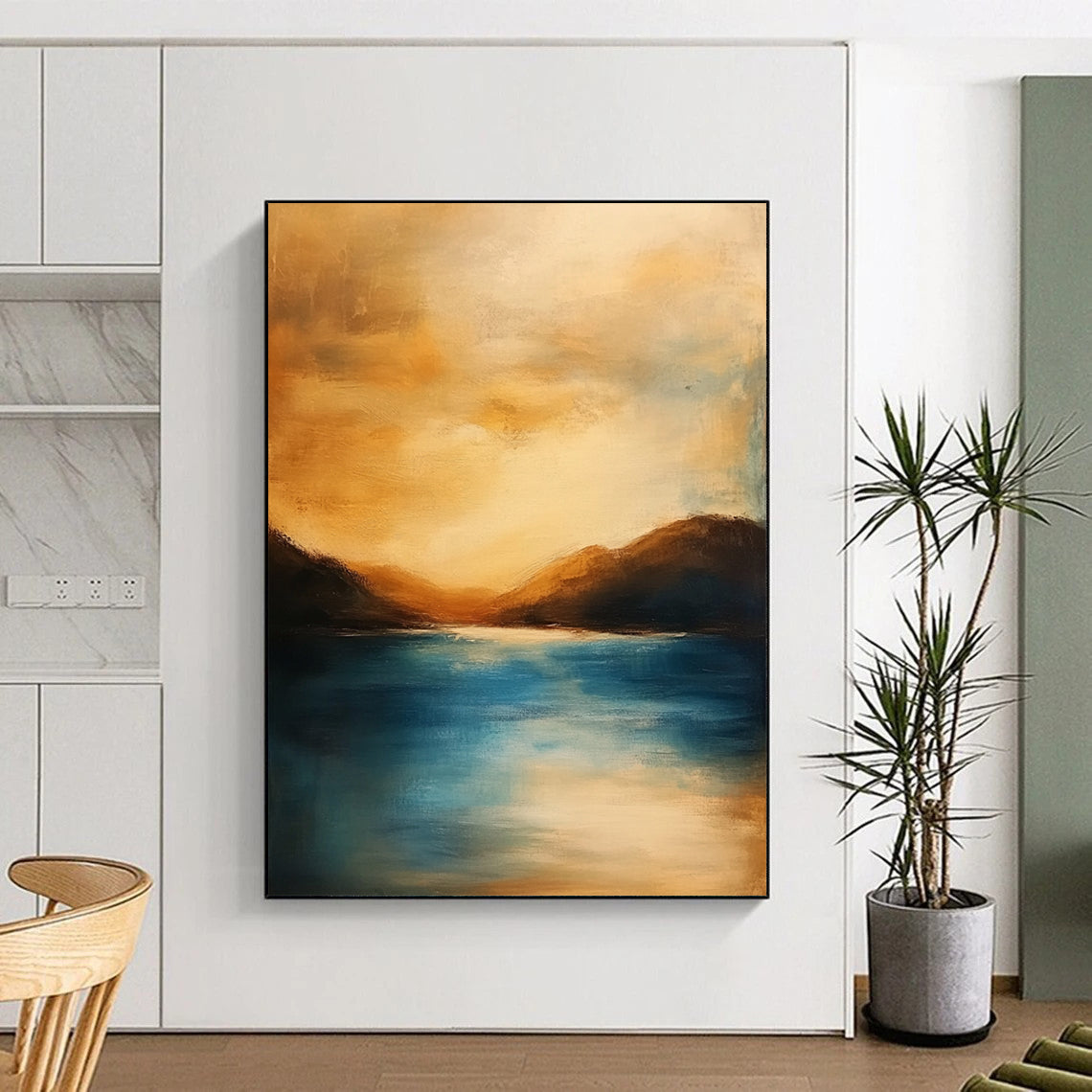 Contemporary abstract painting featuring a serene ocean sunset with soft colors blurred edges tranquil atmosphere and harmonious warm tones. DLZ1111