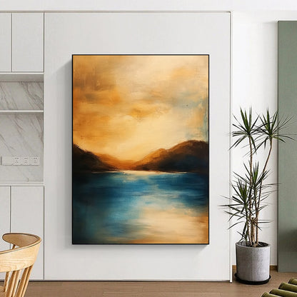 Contemporary abstract painting featuring a serene ocean sunset with soft colors blurred edges tranquil atmosphere and harmonious warm tones. DLZ1111