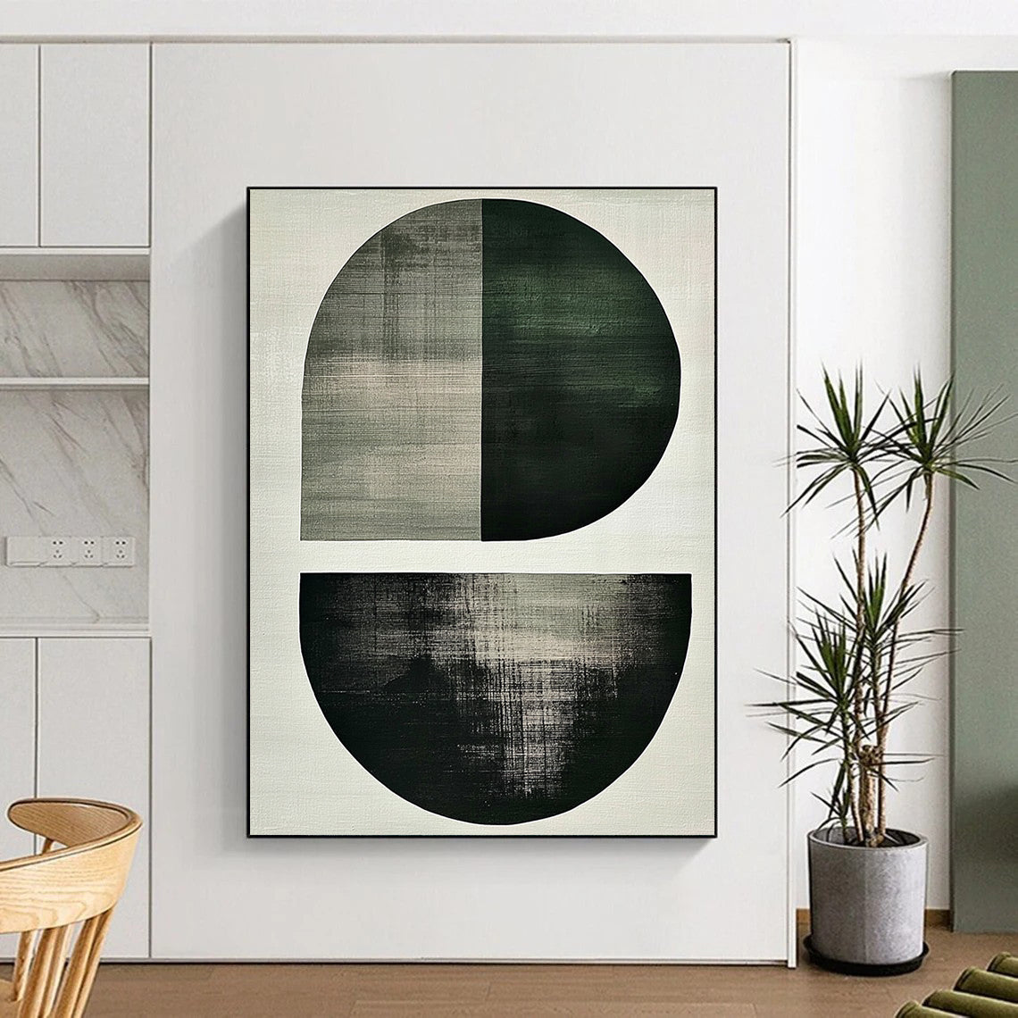 Contemporary abstract art featuring minimalist Japandi style with large green and grey shapes a central oval and umber half-circle on a white background. DLZ1617