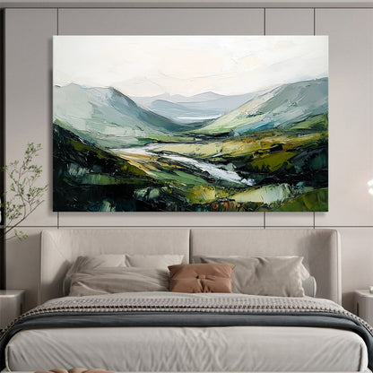 “Impasto Valley Landscape” - Green, Gray, Yellow with Textured Valley - Painting On Canvas HB1401