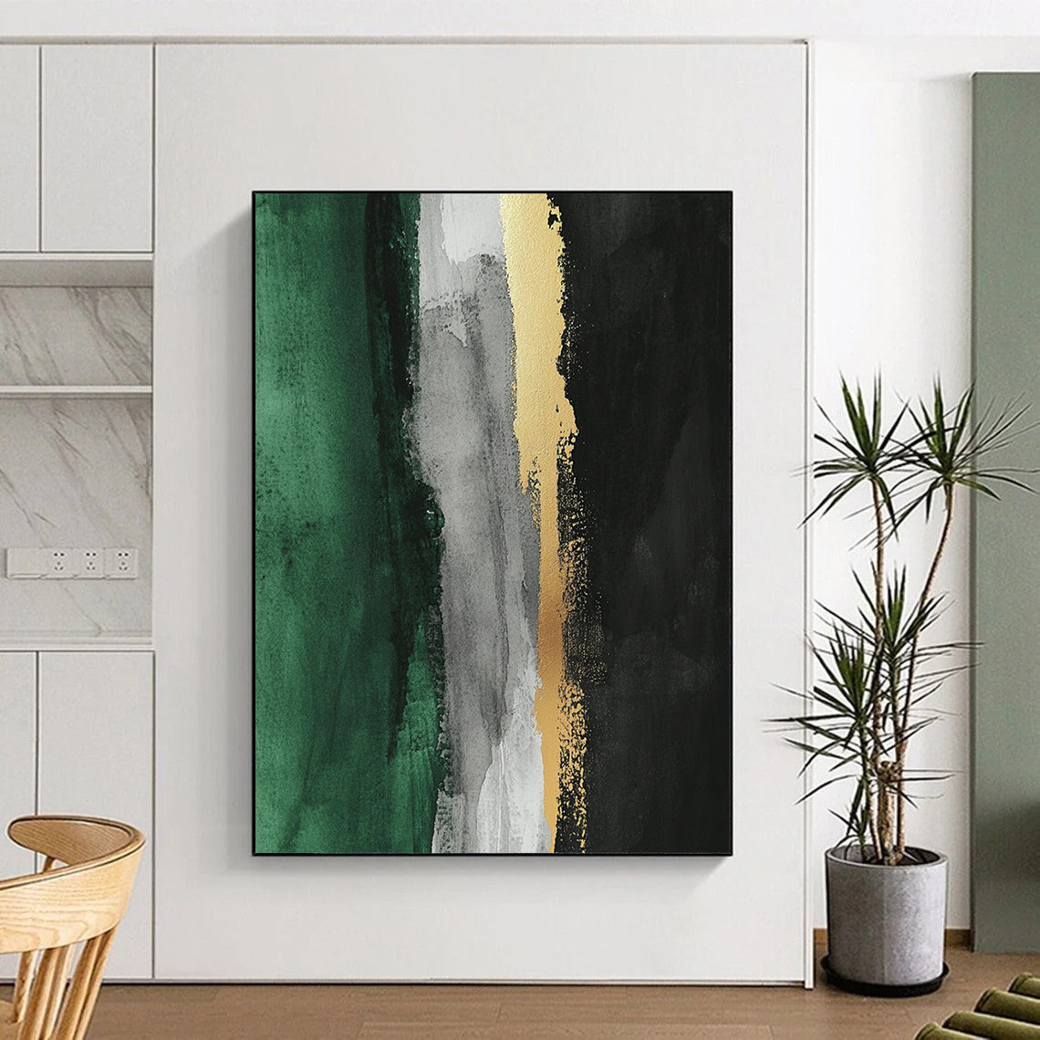Contemporary abstract artwork featuring thick brush strokes gold leafing and a color palette of gray white black and green with a striking vertical yellow line. DLZ1630