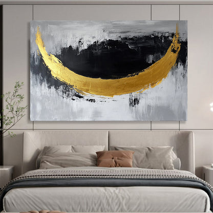 “Golden Crescent” - Gold, Black, Gray, Abstract Moon - Shaped Painting On Canvas HB1044