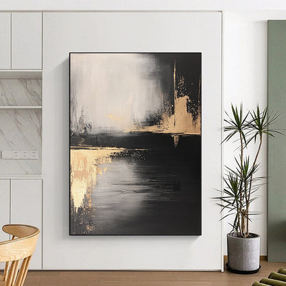 Contemporary abstract art featuring a monochromatic palette of black and gold with textured brush strokes and subtle contrasts of light and shadow. DLZ0296