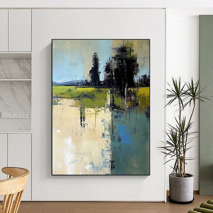 Contemporary hand-painted abstract artwork featuring an Italian landscape with muted beige greens and blues in a minimalist style. DLZ0463