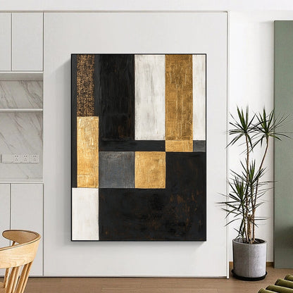 Black, White, Gold, Gray, Patchwork Squares "Urban Gilded Patchwork" Abstract Modernist Painting On Canvas HB156