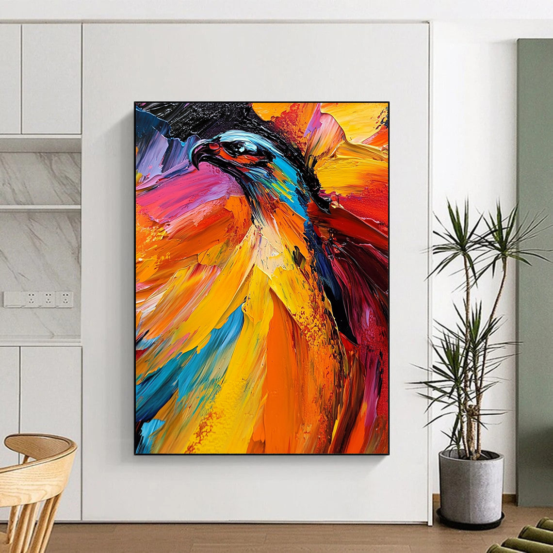 Vibrant contemporary abstract painting featuring an eagle with dynamic brushstrokes bold colors and warm tones creating an energetic mood on canvas. DLZ0575