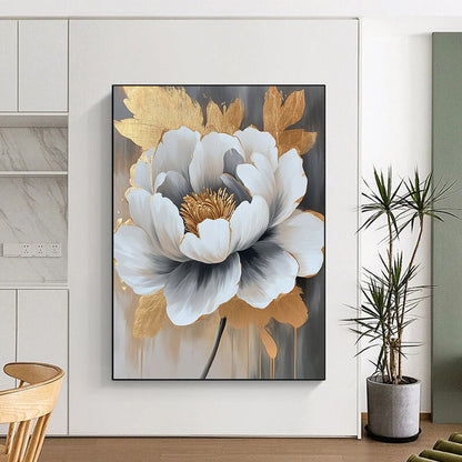 Contemporary hand-painted abstract artwork featuring a peony in gray and white with striking gold accents, perfect for modern decor. DLZ0782