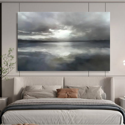 “Moody Lake Reflection” - Gray clouds reflected in a lake, Impressionist Landscape Painting On Canvas HB0551