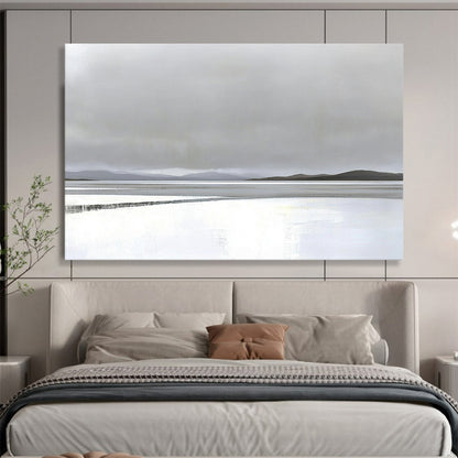 “Misty Lake Landscape” - Gray, white, blue, minimalist, Landscape Painting HB0624