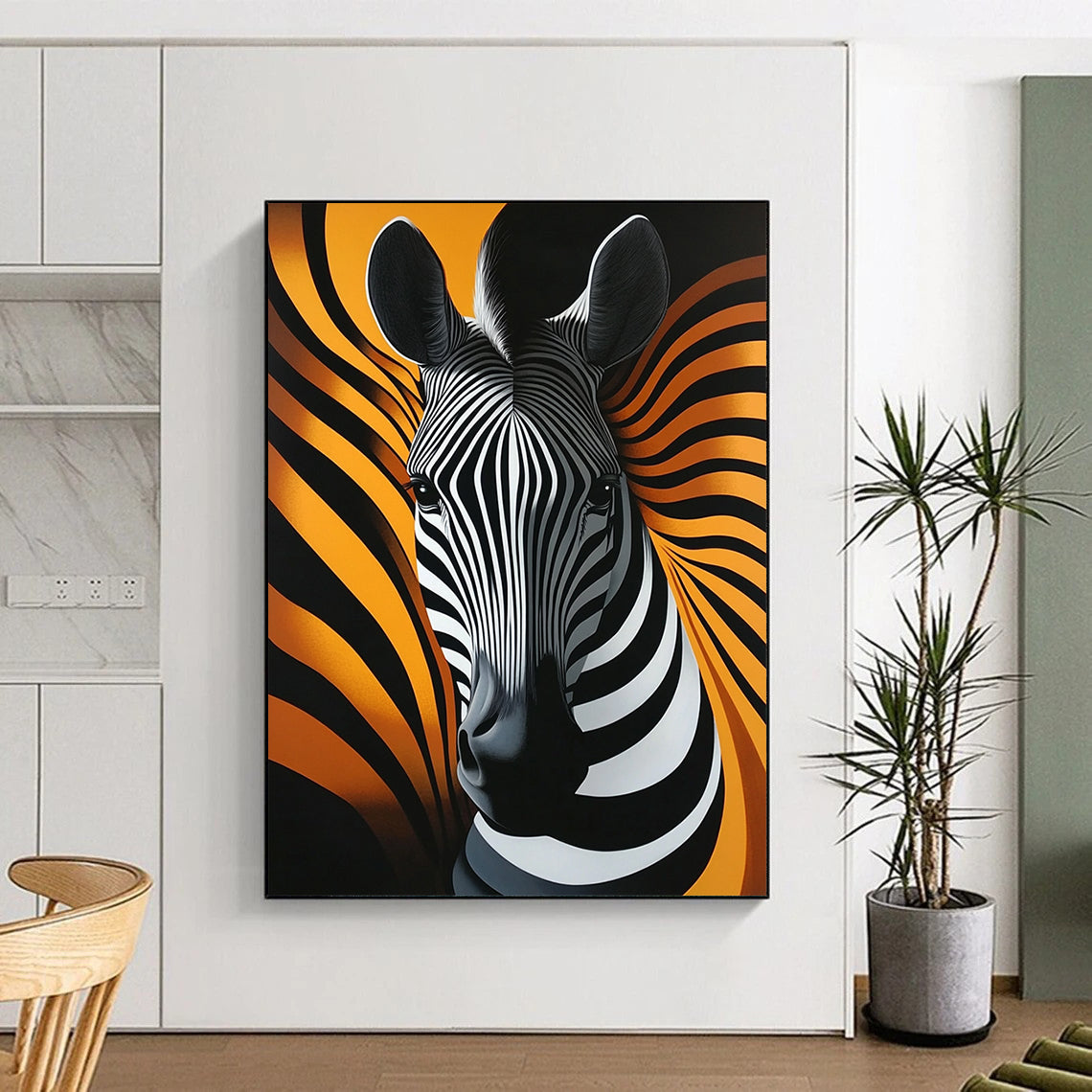 Contemporary abstract artwork featuring a striking zebra head with fluid lines on a vibrant orange background emphasizing elegant shapes and symmetry. DLZ1219